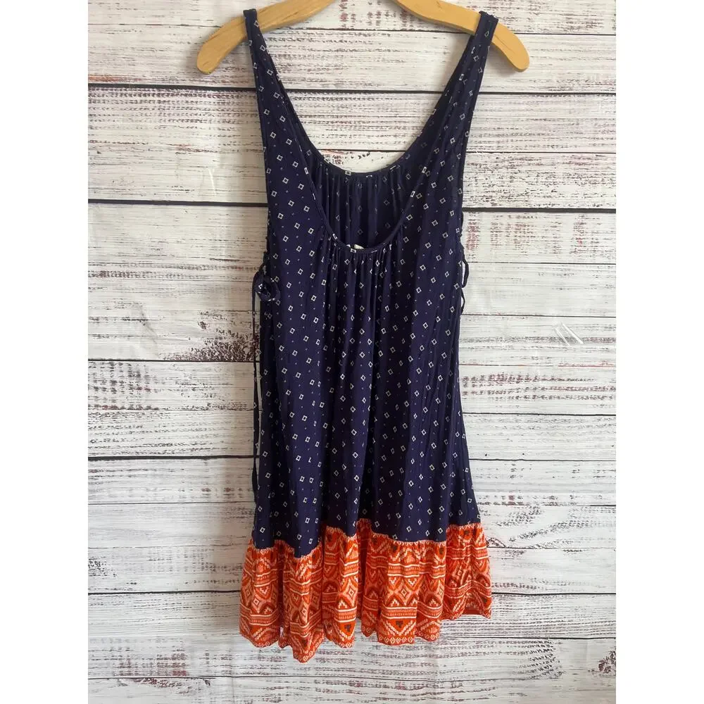 ROXY Shadow Play Tank Sundress flowy navy blue batik-style print coral hem S - Picture 5 of 12
